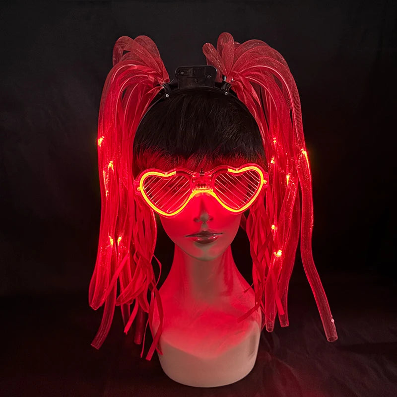 2 PCS Set Headbands + Glasses Rave Party  Luminous Flashing Noodles Headband Light Up Braid Headband Girl Women Bar Club Night Show Headwear Supplies