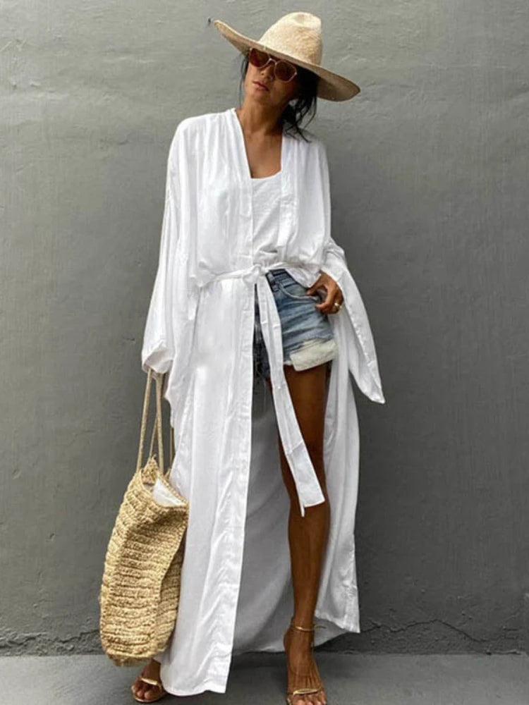 5 Colors Solid Beach Cover Up Women Self Belted Wrap Kimono Dress Swimsuit New Robe Summer Beachwear Factory Supply
