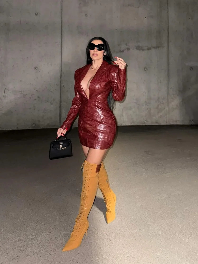 NEW Arrivals Women Sexy Deep V Red Lattice Leather Maxi  Dress Fashion Long Sleeve High Waist Fold Slim Dresses Lady New Highstreet Evening Party Nightclub Dress Ladies Luxury Fashion Clothing Supplies