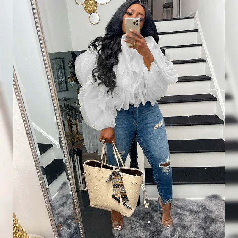 NEW S-3XL UK Plus Size Pink/Khaki Color Women Cascading Petal Chiffon Blouse Sexy Streetwear Cropped Top 2025 Summer Elegant Chic Shirt Ruffled Layered Puff Sleeve Outfits