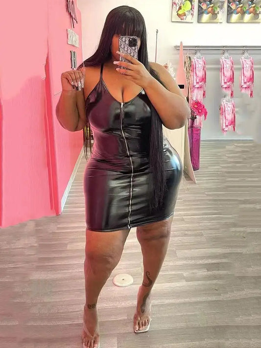NEW Arrivals XL-5XL Plus Size High Quality Dresses Woman Girls Leather Bodycon Night Clubwear Dress PU Sling Sexy Short Dress Evening Outwear Outfits Female Ladies Luxury Fashion Clothing Supplies