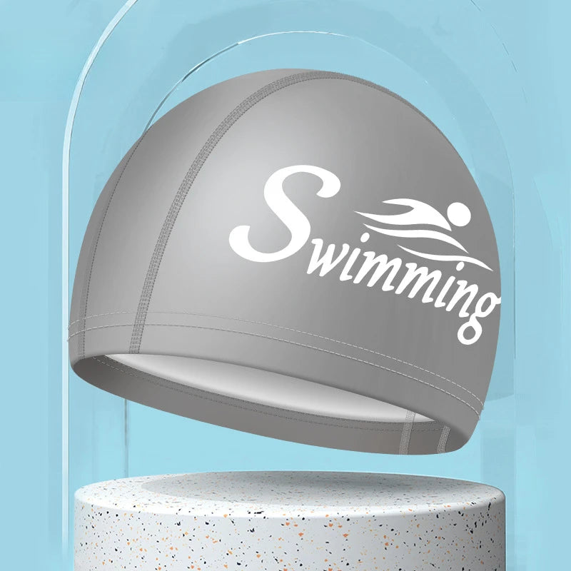 Swim Caps for Women Men Universal Large Size Long Hair Ear Protection Swimming Caps PU Waterproof Letter Printed Swimming Cap Bathing Accessories Sports Supplies
