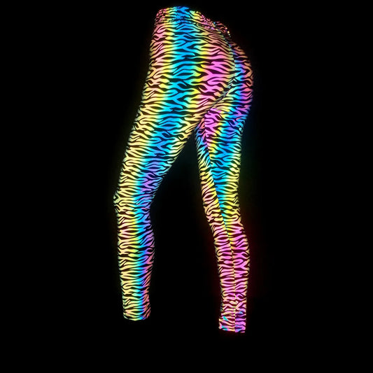 NEW Arrivals S-2XL Knitted Elastic Rainbow Reflective Leggings Skinny Pants Women Ladies Streetwear Sports Bikers Cycling Evening Beach Party Night Club Dancing Rave Party Reflect Light In Dark Trousers Female Girls Casual Fa