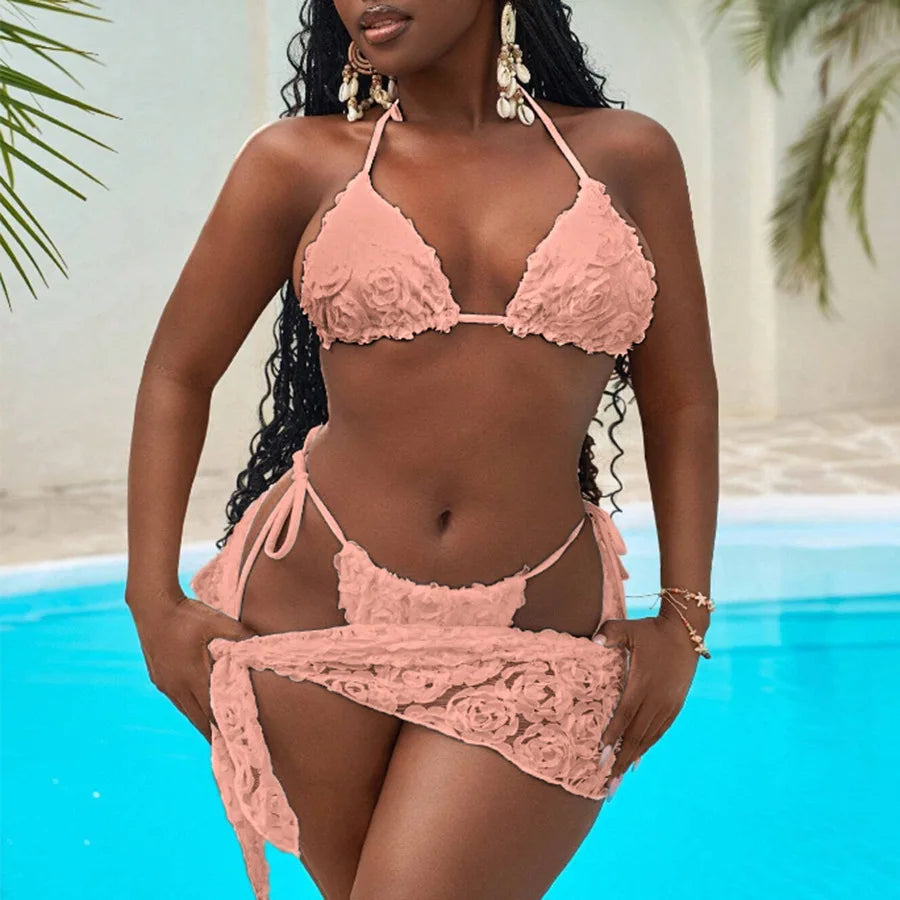 3 PCS Set Sexy Bikini Floral Fabric Strap Women's Triangle Bag Cross-Border New Arrival Top Quality Swimwear for Swimming Women Summer Beach Apparel Clothing Suits