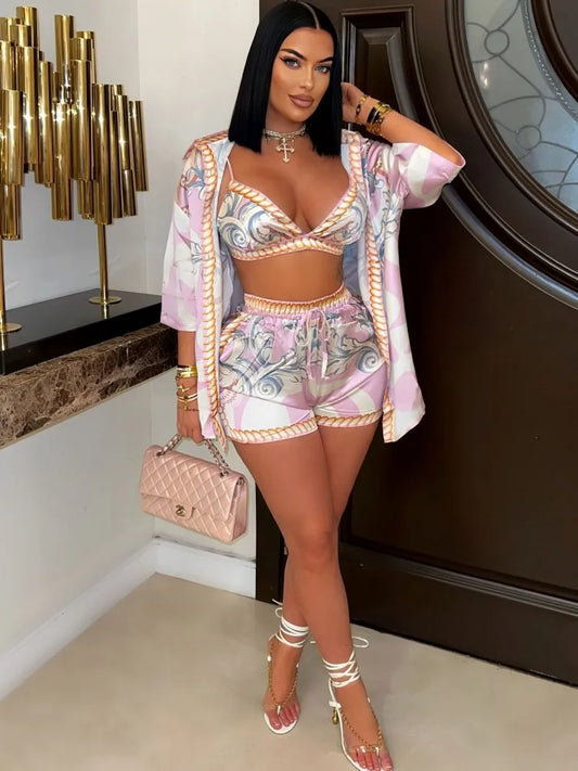 NEW Arrivals 3PCS Set S-2XL UK Size Sexy Spring Summer Luxury Fashion Women Set Female Stripe 3/4 Sleeve Shirt Tops And Shorts Suit Matching Outfit Evening Beach Party Night Club Ladies Suit