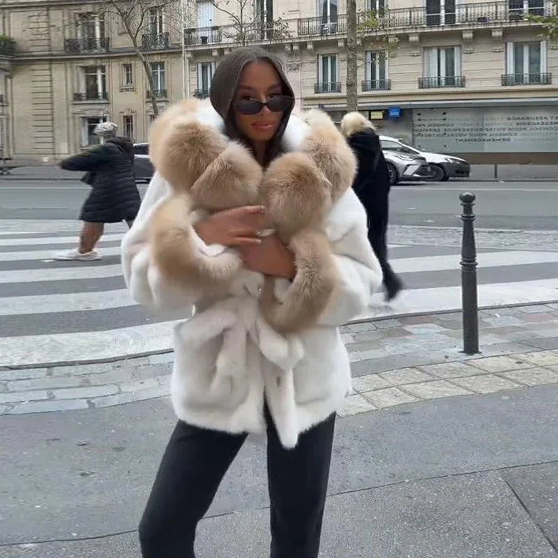 NEW UK Size Black/White/Gray Color Elegant Collar Fur Lace Up Coat Women Loose Full Sleeve Open Stitch Lapel Warm Coats Female Autumn Winter Thicken Top New Girls Winter Outwear