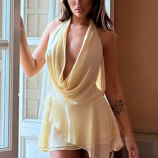 New Arrivals Black/Red/Yellow Colors UK Size Halter Women Dresses Fashion Summer Solid Sleeveless Sexy V-Neck Low Chest Mini Dresses Casual Slim Streetwear Female Sexy Hot Dress