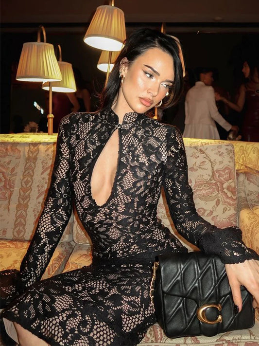 NEW Arrivals UK Size Lace Maxi Dresses For Women Fashion Sexy Solid Streetwear Long Sleeves O-Neck Hollow Out Slim Fit See Through Midi Dress