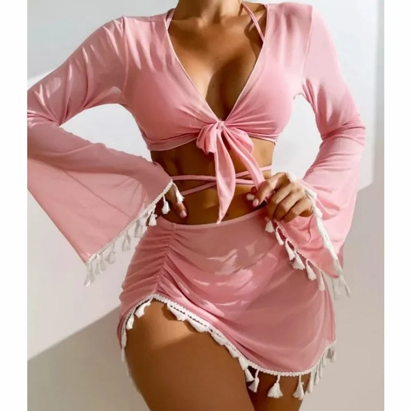 New 4 Pieces Suit Swimwear Tassel Flare Sleeve Crop Top+Skirt+Micro Bikinis Cover-Up Beachwear Halter Bandage Swimsuit Tankinis