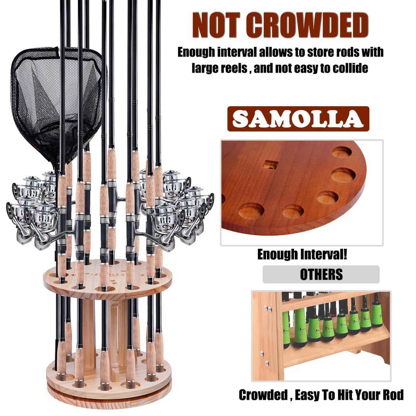 360 ° Rotation Wooden 12 Slots Round Fishing Rod Holder Upgrade And Strengthen Space Saving Storage Organizer Roove Fishing Gear