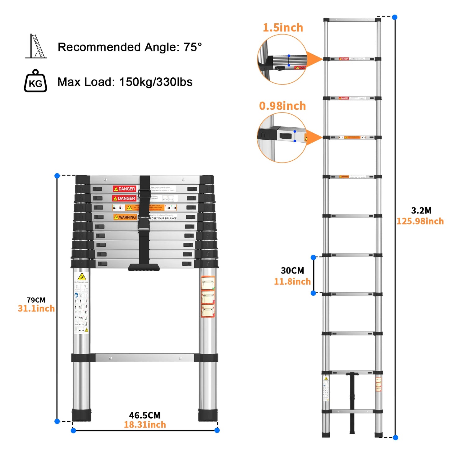 Telescopic Ladder Stainless Steel, Load 150kg, Convenient Extendable ,For Pulling Walls, Changing Light Bulbs, Repairing Roofs, RV Home Work Heavy Duty Accessories