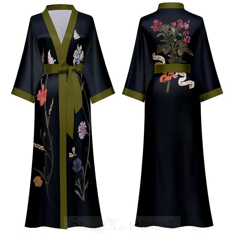 NEW Luxury Japanese Silk Elegant Flower Women Long Robe Loungewear Silky Satin Kimono Bathrobe Gown Spring Autumn New Sleepwear Home Dress Negligee