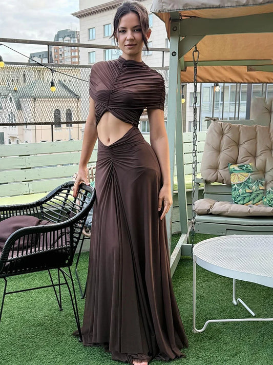 NEW Design Women Sexy Hollow Out Turtleneck Women Maxi Dress Coffee Short Sleeve See Through Mesh Bodycon Elegant Party Evening Dress