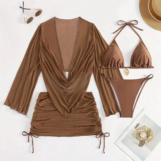 4 PCS Set 6 Colors XS-2XL US Plus Size  Sexy Solid Color Bikini Set With Sheer Cover-Up, Suitable For Islands Vacation Perfect For New Year Beach Party