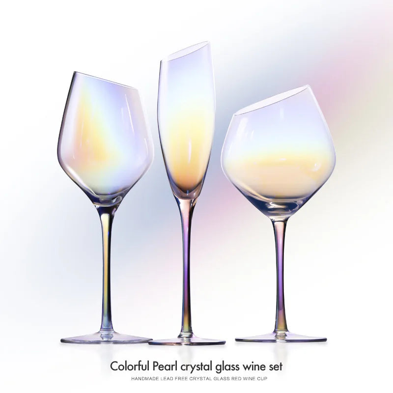 2 PCS Set Color Pearl Luxury Crystal Wine Glass Wedding Party Glassware Drink Cup Plating Rainbow Oblique Bordeaux Goblet Champagne Flutes