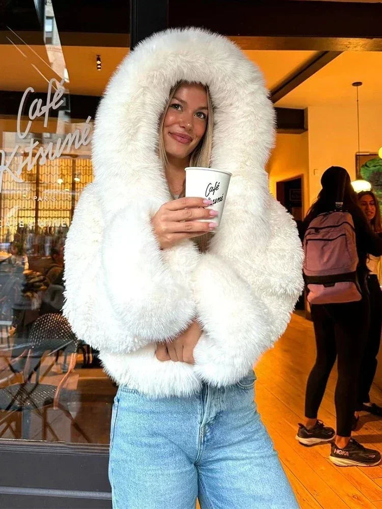 Black/White Color Winter Warm Fur Short Overcoat Women Solid Patchwork Full Sleeve Hooded Loose Thicken Coat Lady Daily Commute Winter Outwear