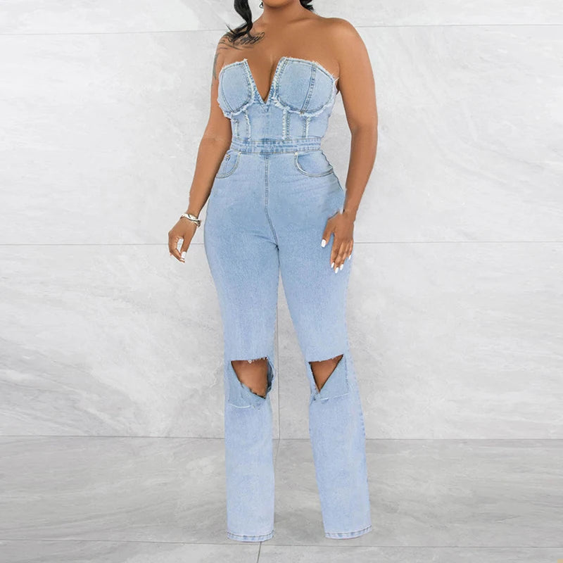 NEW Arrivals UK Size Casual Denim Jumpsuit Summer Women  Strapless V-Neck Zip Up Hole Street Trend Wide Leg Pants Club Romper With Pockets