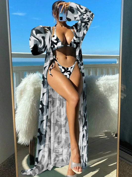 NEW Arrivals 3PCS Set 6 Colors Italian Triangle String Bikini Swimsuit Women & Kimono Swimwear Female Sexy Bathers Bathing Swimming Swim Suit Girls Ladies Luxury Beachwear Suit