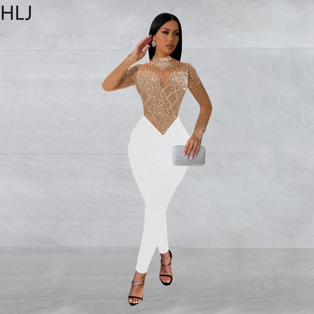 Low-Price Sales are Limited NEW S-2XL Black/Apricot Rhinestones Mesh See Though Bodycon Evening Night Club Party Jumpsuits Women Round Neck Long Sleeve Slim Playsuits Sexy Overalls Girls Ladies Luxury Fashion Clothing Supplie