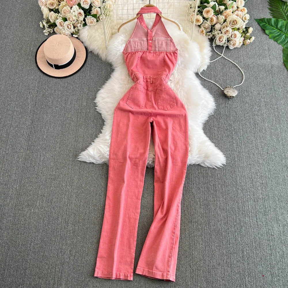 New Vintage Turn-Down Collar Sleeveless Bodysuit High Waist Elegant Jumpsuit Safari Style Denim Straight Ropa Mujer