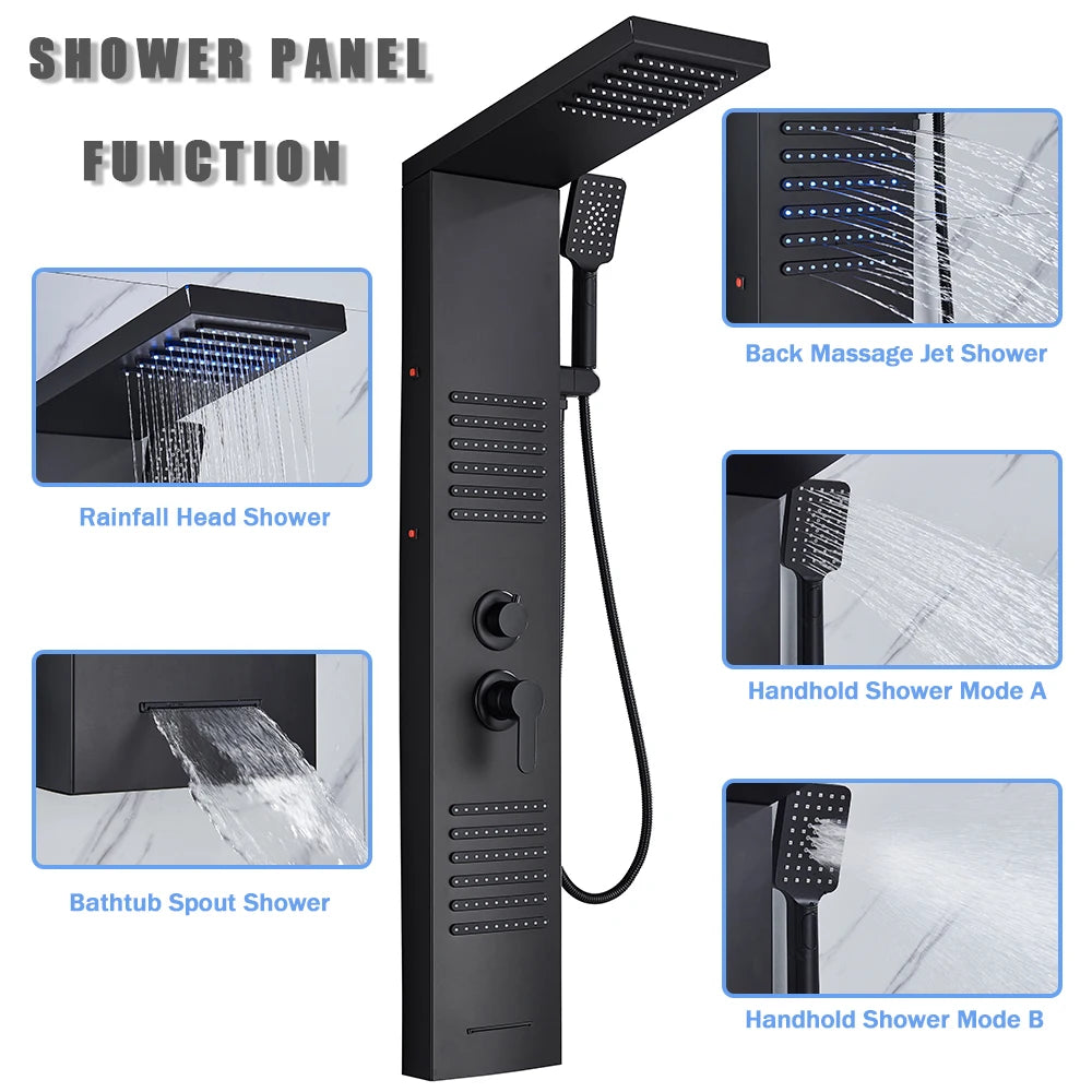 Silver Nickel and Black Color Luxury Massage Spa Shower Column LED Lights Rainfall Bathroom Faucet with Massage Jet Bath Panel System  5 Modes Waterfall Hot Cold Mixer Tap Home Hotels Bathroom Supplies