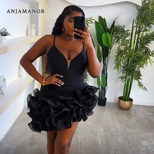 BRAND NEW S(8)-2XL(18-20) UK Plus Size Black/Red Color Sexy Asymmetrical Ruffled Mini Dress Evening Party Dresses Chubby Women Sexy Wedding Guest Birthday Party Outfits D57-GF31