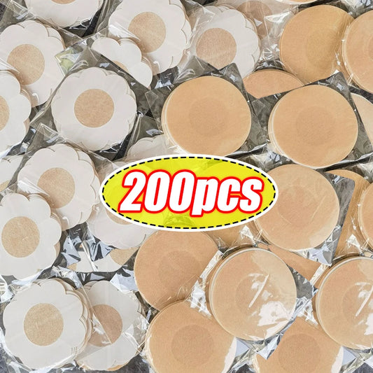 200 PCS Set Round/Flower Type Nipple Sticker Disposable Invisible Chest Sticker Non-Woven Bra Breast Patch Bra-Less Pasties Pad Nipple Cover Sticker Women's Underwear Accessory Sets