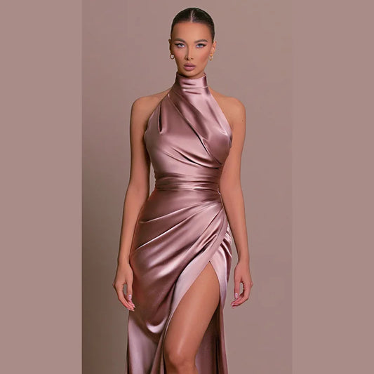 8 Colors Ladies Summer Luxury Satin Sexy Evening Wedding Guest Birthday Party Business Dinner Dresses Women Sleeveless Backless Halter Side Slit Elegant Long Dress Women Sexy Outfits Clothes