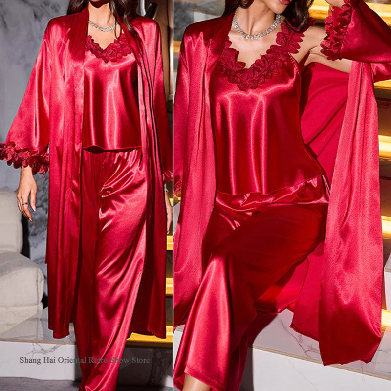 NEW 3PCS Set S-XL 6 Colors Ice Silk Luxury Spring Autumn New Female Honeymoon Pajamas Sleepwear Sexy Lace Long Bath Robe Kimono Gown Home Wear Loose Satin Loungewear