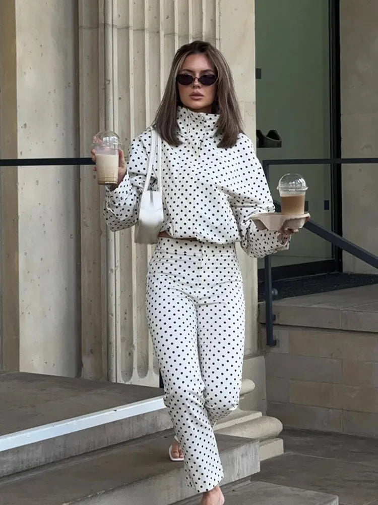 3 PCS Suit UK Size Woman Autumn Long Sleeves Turtleneck Zipper With Pockets Drawstring Casual Coats Women Fashion Polka Dot Jacket