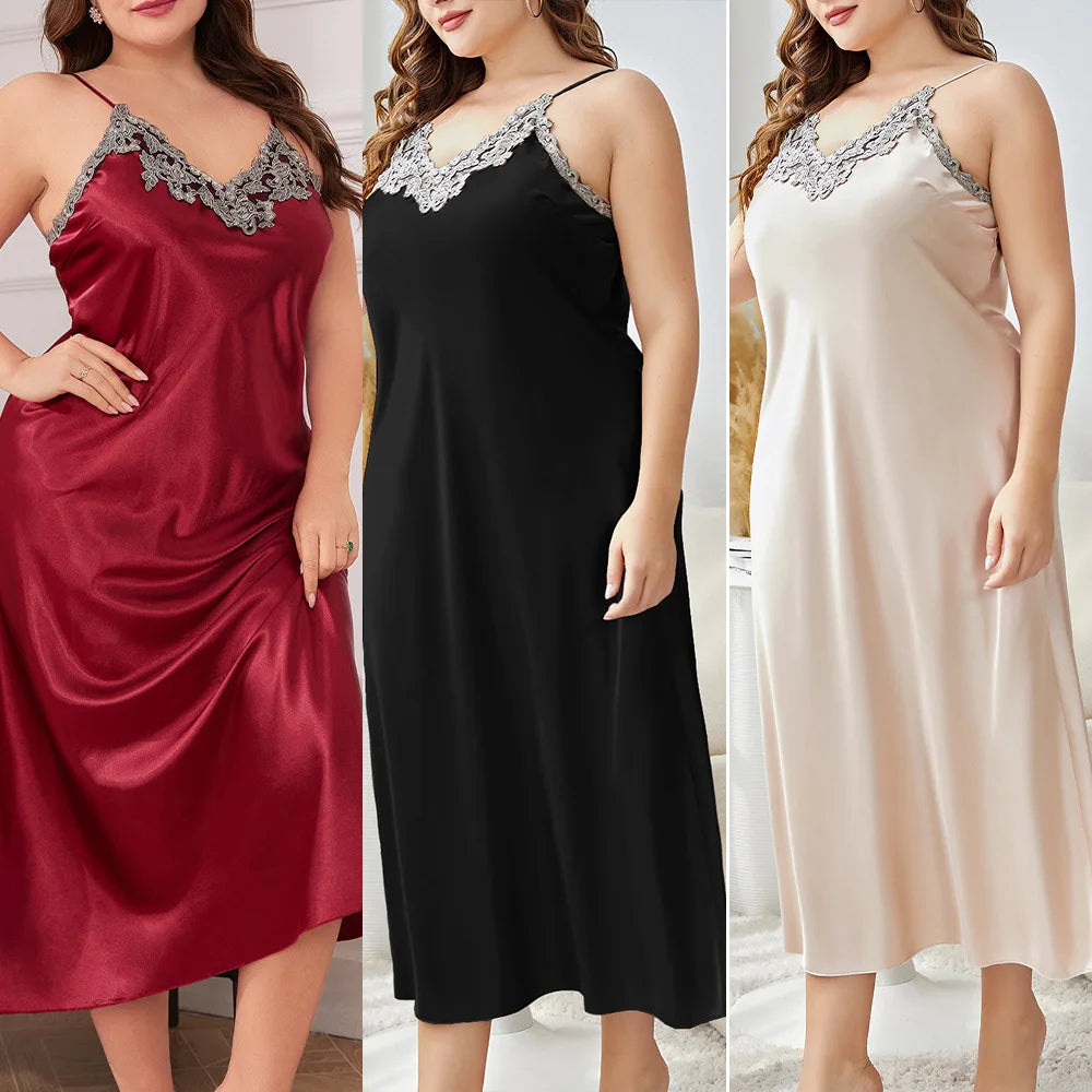 For Curvy Ladies XL-5XL Plus Size Long Nightgown Oversize Sleepwear Big Girls Satin Home Wear Dressing Gown Spaghetti Strap Loose Lingerie Lace Trim Nightwear Loungewear