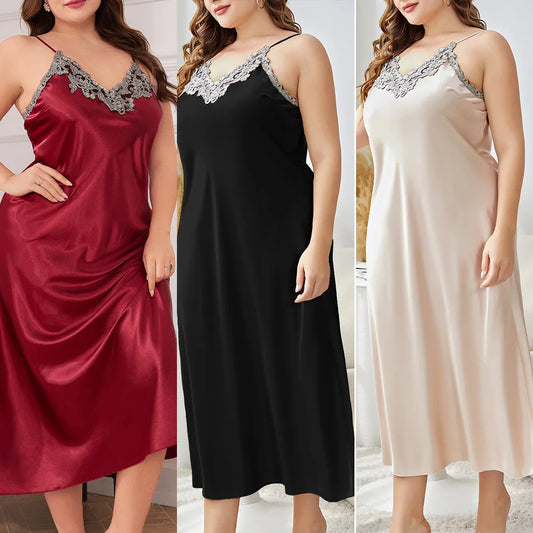 For Curvy Ladies XL-5XL Plus Size Long Nightgown Oversize Sleepwear Big Girls Satin Home Wear Dressing Gown Spaghetti Strap Loose Lingerie Lace Trim Nightwear Loungewear