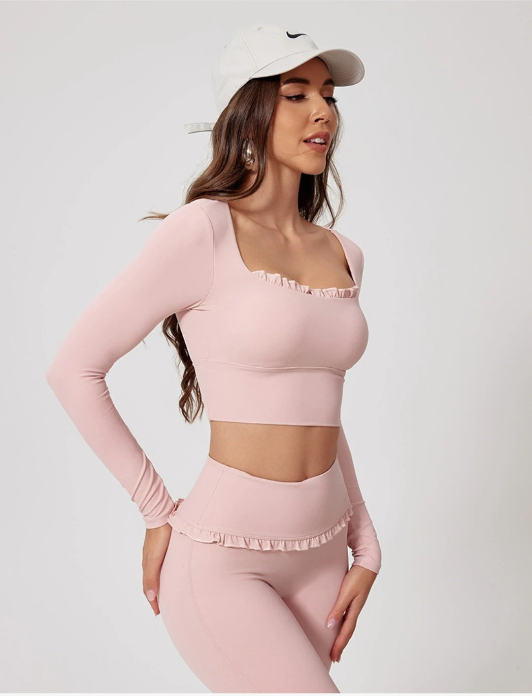 2PCS Set S-XL 6 Colors Naked Square Neck Yoga Set Sports Fitness High Waist Nude Quick-drying Long-sleeved Outdoor Running Workout Clothes Gym Suit