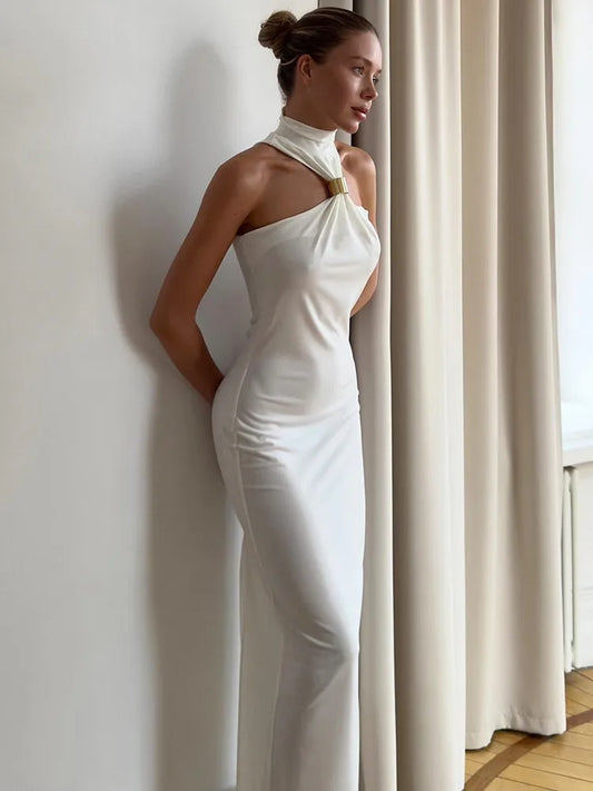 NEW Arrivals UK Size Black/White Color Turtleneck Off-shoulder Sexy Knit Maxi Dress For Women Gown Metal Buckle Strapless Sleeveless High Waist Knitted Dress