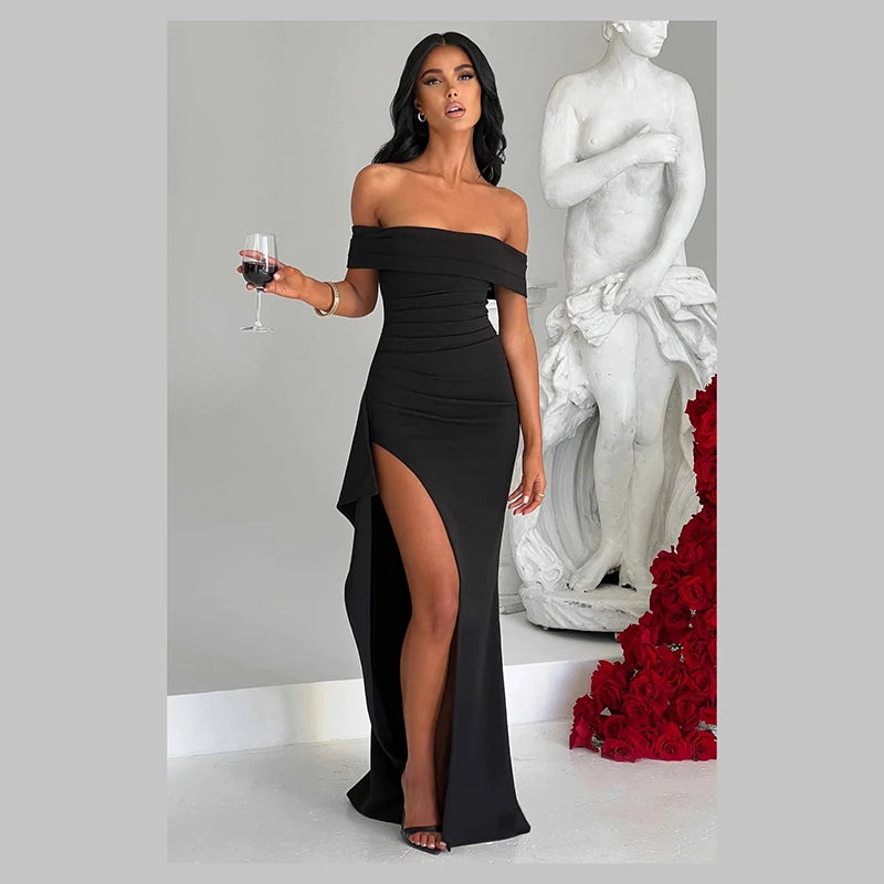 Fashion Solid Color Slash Neck Black High Slit Sexy Formal Champagne Slit Slim Elegant Dress Wrap Dresses For Wedding Guest