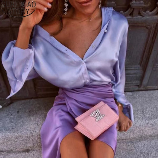 NEW Arrivals S-2XL 6 Luxury Colors Elegant Satin Shirts Women Fashion Tops Spring Summer Evening Party Solid Long Sleeve Blouses Vintage Purple Casual Loose Buttons Clothes 18913