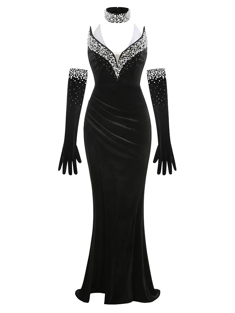 NEW Arrivals UK Size Sexy Strapless Pearls Diamonds Long Luxury Velvet Dress With Gloves Women Black Velvet Sleeveless Beaded Split Maxi Dresses Celebrity Evening Party Gown Ladies Luxury Fashion Clothing Supplies