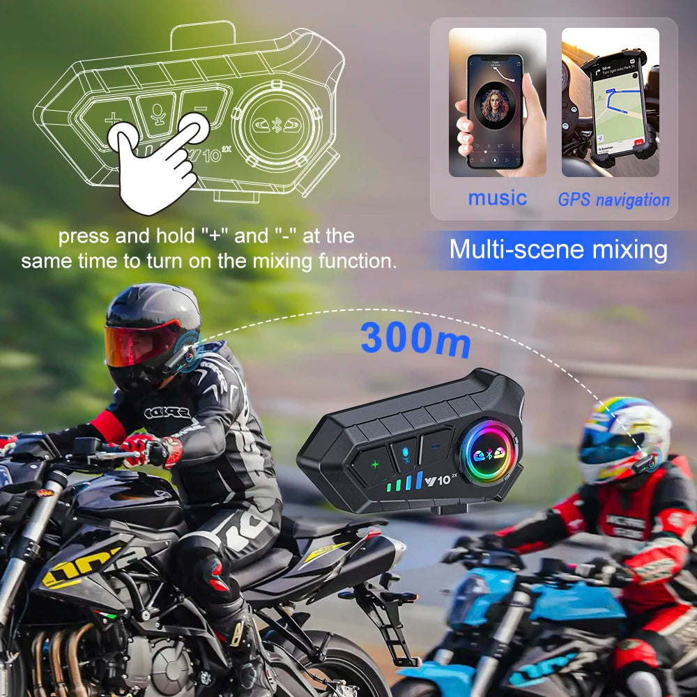 1/2x Music Interphone Bluetooth 5.3 Motorcycle Helmet Intercom Headset Waterproof 300m Play Music and Calls Simultaneously