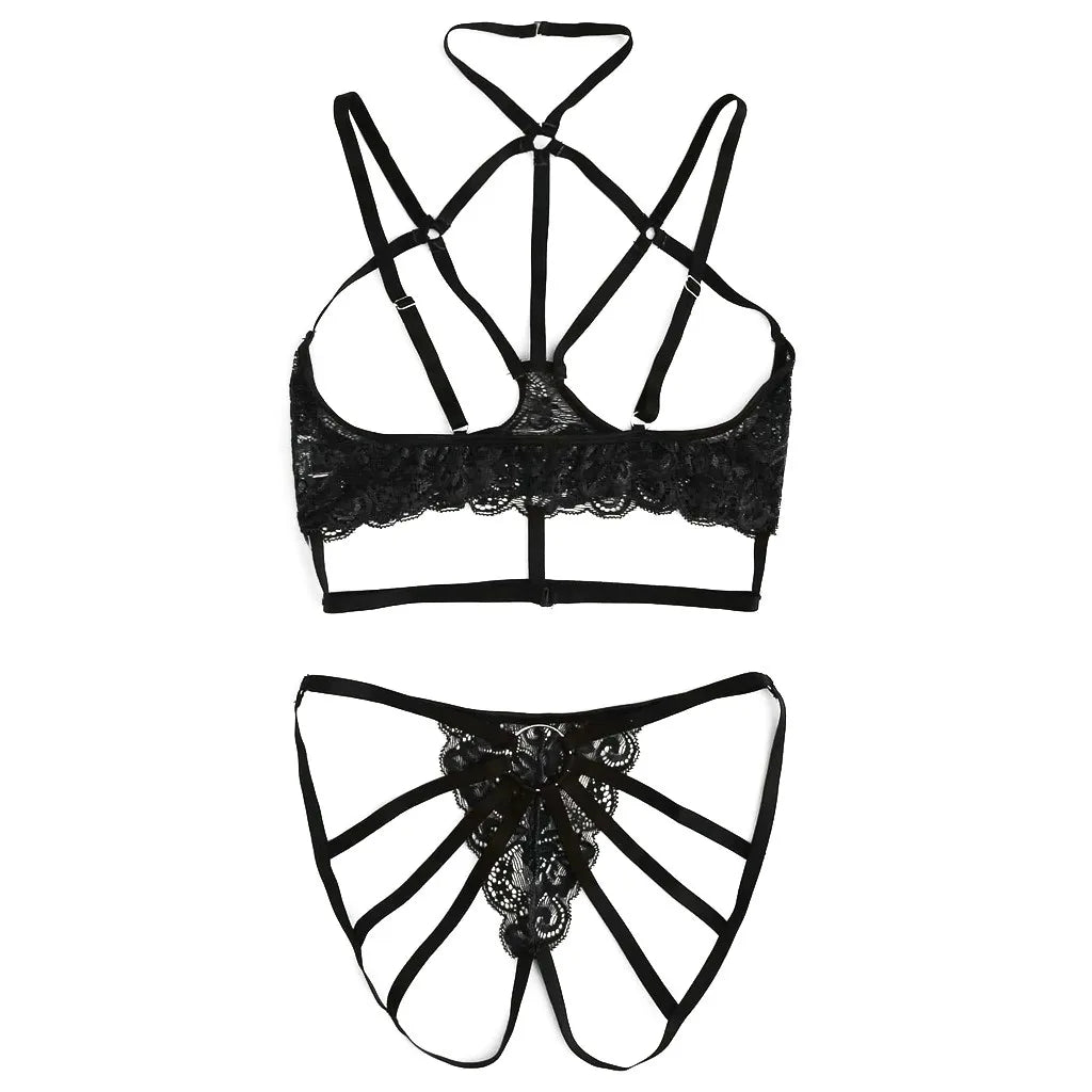 Lace Up Bandage Crotch Lingerie Set For Women Plus Size Lace Bra Set Underwear Set Black Hollow Sleepwear Sexy Lingerine Outfit