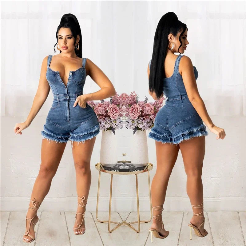 Sexy Slim Burrs Tassel Strap Jeans Jumpsuit Denim Playsuit Women  Buttons Elegance Cotton Jeans Woman Ladies Short Rompers