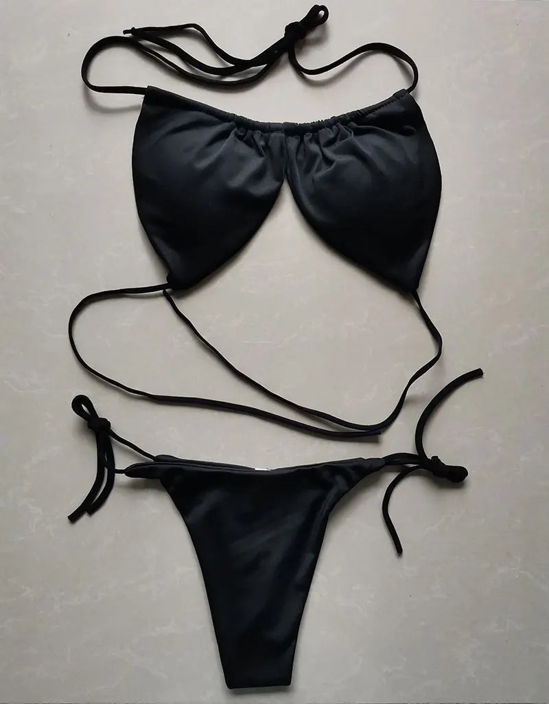 2 PCS Set S-XL Multi-Colors Summer Women's Sexy Bikini Push-Up Padded Bra Brazilian Thong Split Swimwear Female Bandage Bathing Suit Adjustable Lacing Swimsuit Solid