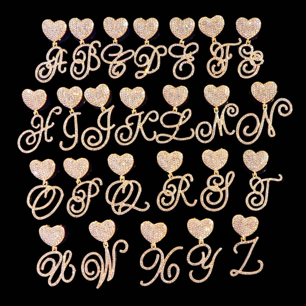 Gold/Silver Color A-Z Women’s Heart Initial Pendant Necklace, Iced Out Rhinestone Letter Charm Tennis Chain Choker, Luxury Bling Jewelry Gifts