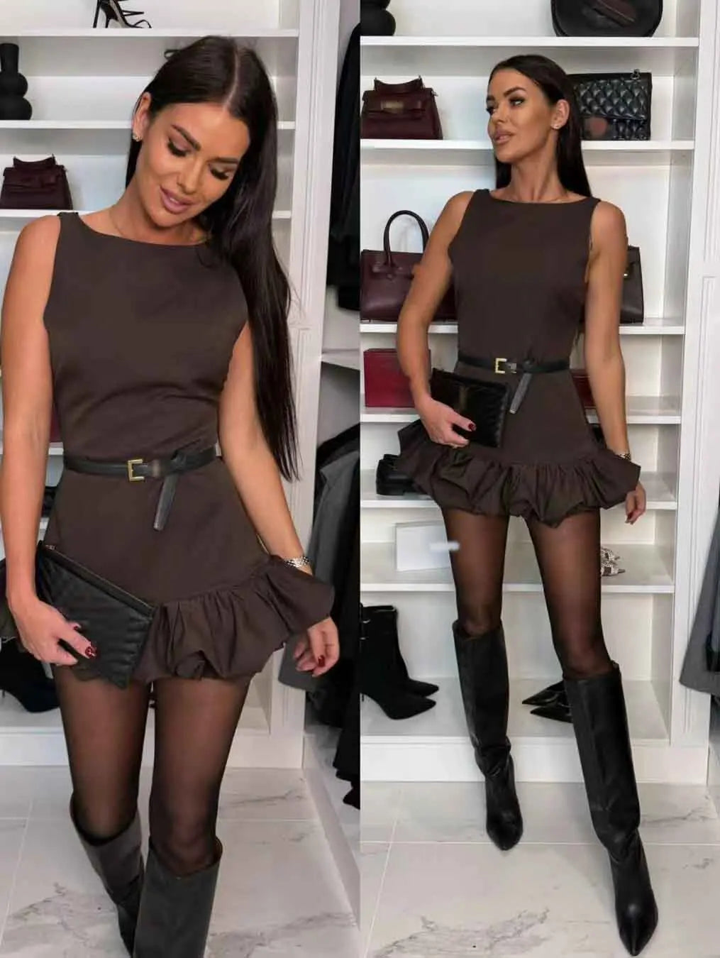 NEW Arrivals 3 Colors Sexy Solid Ruffled Hem Women Dress O-Neck Sleeveless Backless Slim Mini Solid Color Evening Party Night Club Dresses Ladies Sexy Fashion Clothing Supplies