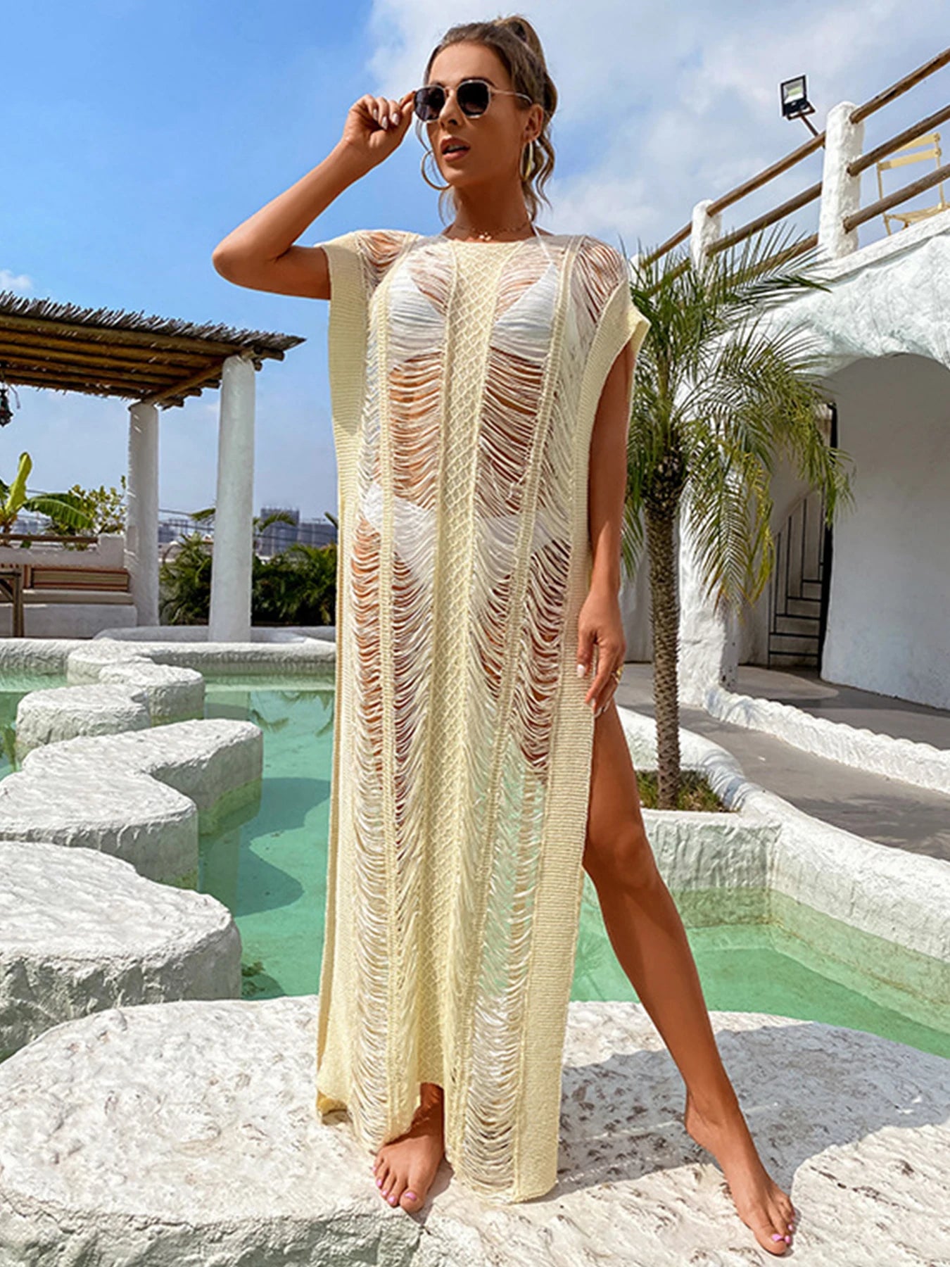 Solid Sexy Side Split Crochet Hollow Out Beach Cover Up Women Bikini Cover Up Long Dress 2023 Summer Beach Dress Lady Beachwear