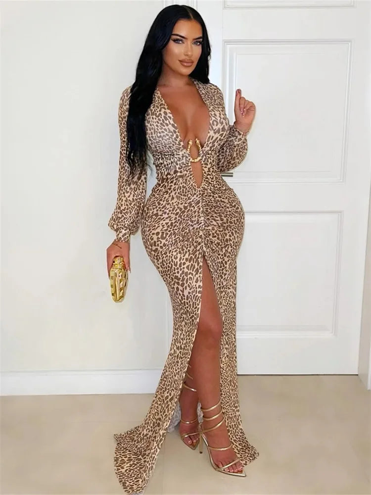 S-2XL UK Plus Size Sexy Street Elegant Leopard Split Dress Women Metal Decoration Deep V-Neck Peach Hip Midnight Club Stretch Skinny Sexy Maxi Bodycon Evening Party Dress