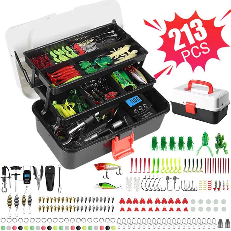 3 Layers 213 PCS Set Professional Fishing Tackle Box with Fishing Lures Kit Fishing Accessories Set Baits Hook Jig Gear Fishing Tool Case Gift