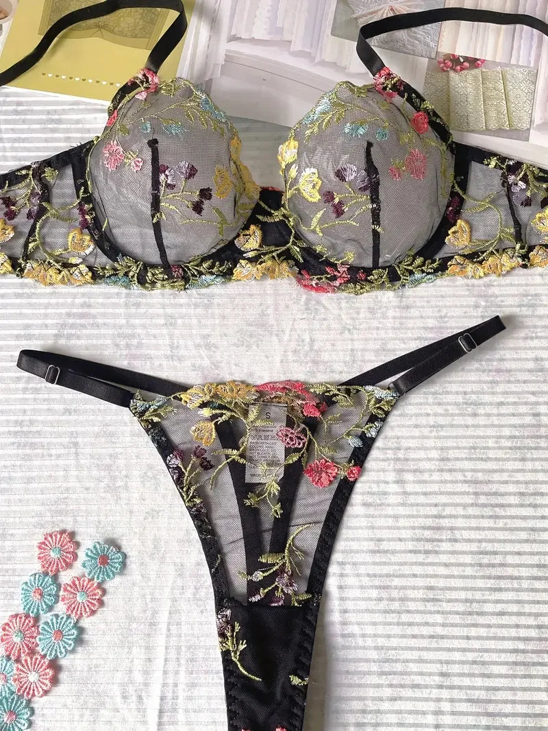 Floral Embroidery Lingerie Set Women Sheer 2-Piece Soho Bra + Panty Underwear Set Intimates