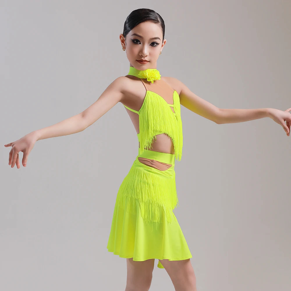 3XS-L Children Girls Professional Luxury Latin Dance Dress Female Professional Training Dress Net Gauze Girl Ballroom Competition Dancing irregular Fringe Dresses