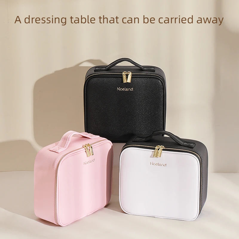 Make-Up Travel Train Case with LED Lighted Mirror, 3 Color Adjust Settings, Travel Makeup Bag With Adjustable Dividers Women Cosmetic Accessories