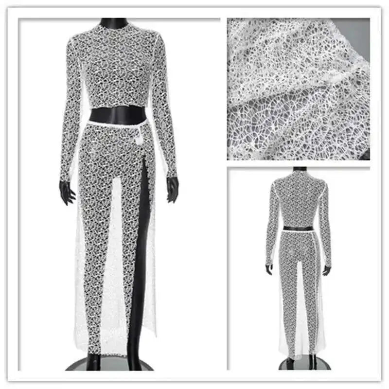 NEW 2PCS Set 5 Colors Perspective Grid Sexy  Long Sleeve Top Split Long Skirt Women Set Elegant Casual Women Set